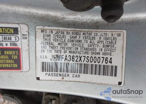 2007 Honda Civic Hybrid from USA, damaged, VIN JHMFA362X7S000764